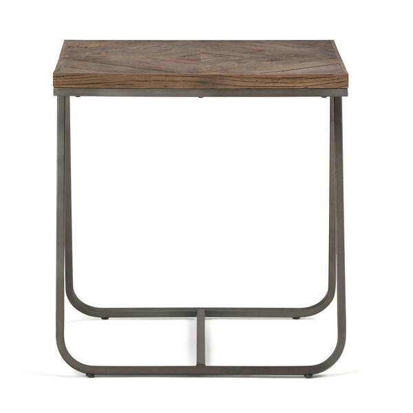 Simpli Home Hailey Solid Aged Elm Wood and Metal Square Modern Industrial End Side Table in Distressed Java Brown Wood Inlay