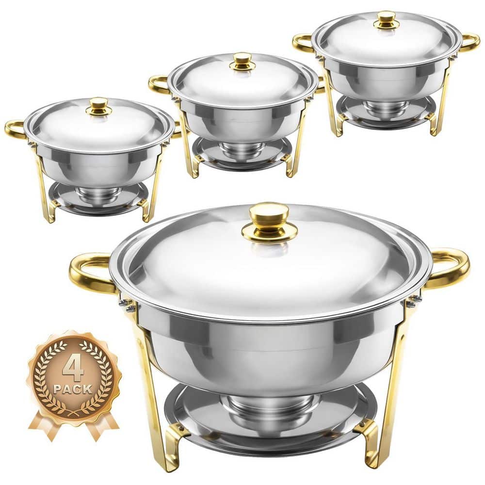 4-Pack 8 Qt. Stainless Steel Round Chafing Dishes Set with Leg Support for Buffet