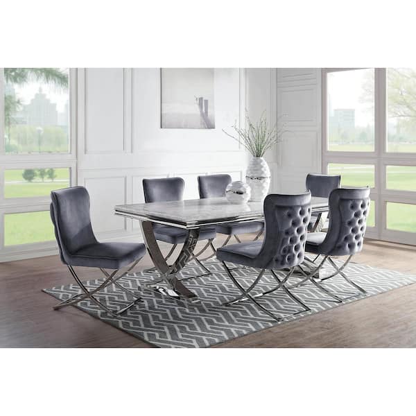 Gray Dining Table Set Idf 3285t 7pc, Marble Dining Table Set 7 Piece