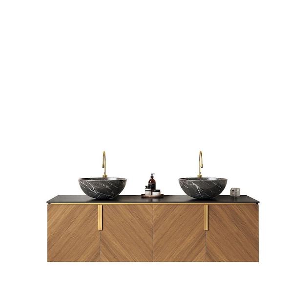 Liory 59.84 in. Floating Espresso Bath Vanity with 2 Black Round Ceramic Basins and Black Sintered Stone Top Unassembled
