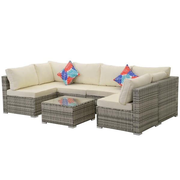 Sudzendf 7 Piece Outdoor PE Wicker Furniture Set, Patio Conversation Set with Beige Cushions