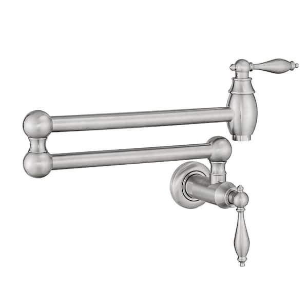 Wall Mount Pot Filler 2 Handles with Double Joint Swing Arms in Brushed Nickel
