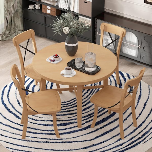 Nestfair 5-Piece Natural Wood Top Round Dining Set with 4 X-Shaped Backrest Chairs