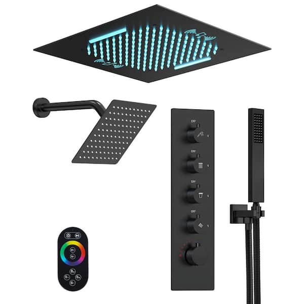 Aurora 20 in. Quintuple Handles 4-Spray Shower Faucet 2.5 GPM with LED, Bluetooth, Anti Scald Handheld in Matte Black