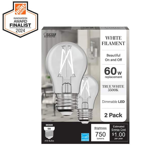 Feit Electric 60-Watt Equivalent A15 Dimmable White Filament CEC Clear Glass E26 LED Ceiling Fan Light Bulb, True White 3500K (2-Pack)