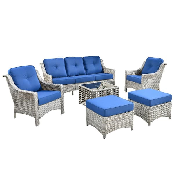 Verona Grey 6-Piece Wicker Modern Outdoor Patio Conversation Sofa Seating Set with Navy Blue Cushions