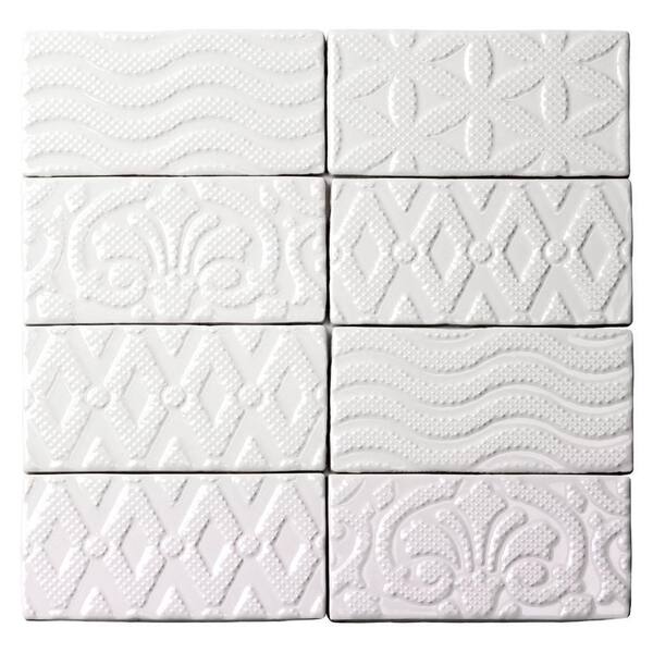Ivy Hill Tile Catalina Deco White 3 in. x 6 in. x 8 mm Ceramic Wall Subway Tile