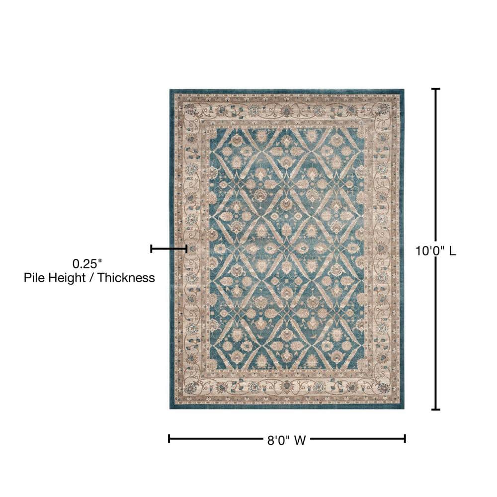 Navy and Beige Floral Border Synthetic Area Rug 8' x 10'