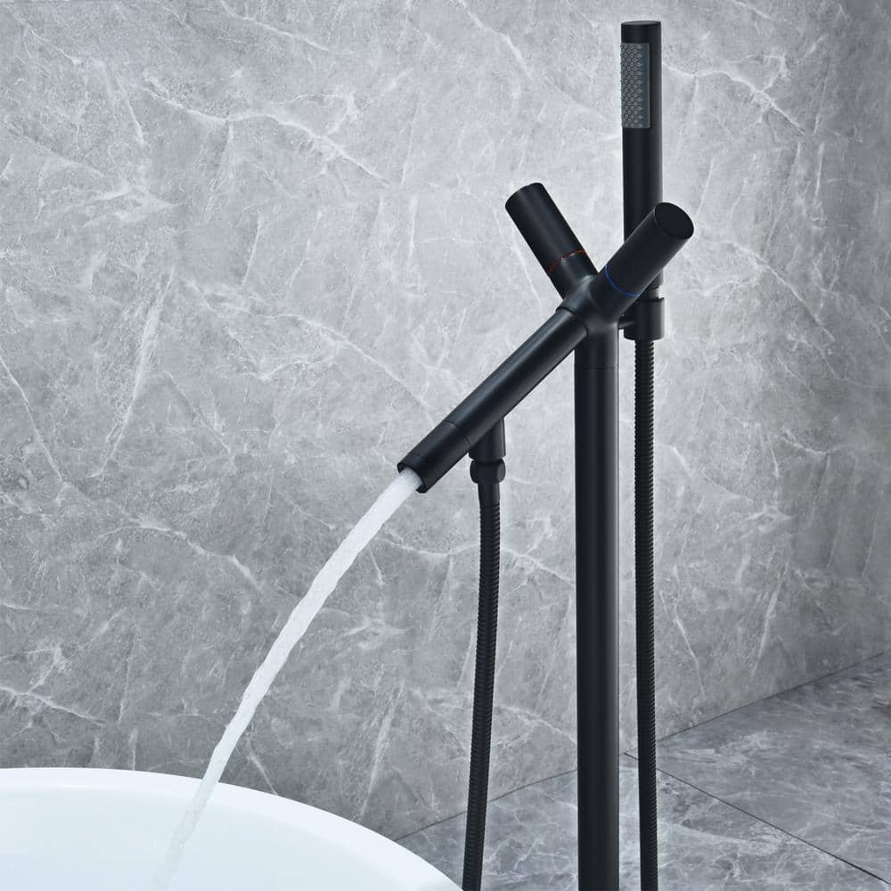 Matte Black Freestanding Floor Mounted Tub Filler with Handshower