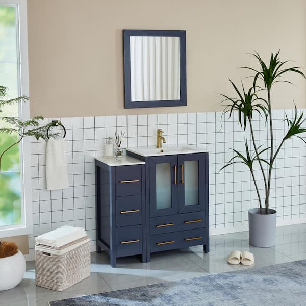 Brescia 36 in. W x 18.1 in. D x 35.8 in. H Single Basin Bathroom Vanity in Blue with Top in White Ceramic and Mirror