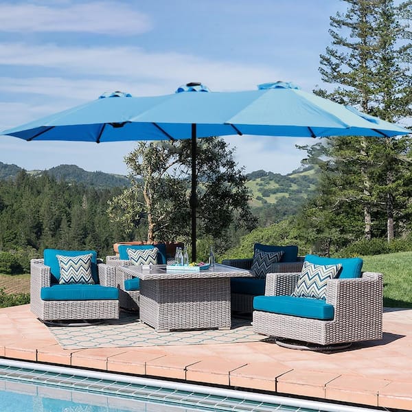 Renderella 15 ft. x 9 ft. Metal Framed Market Solar Tilt Twin Patio Umbrella with Light, Base and Fabric Canopy in Blue