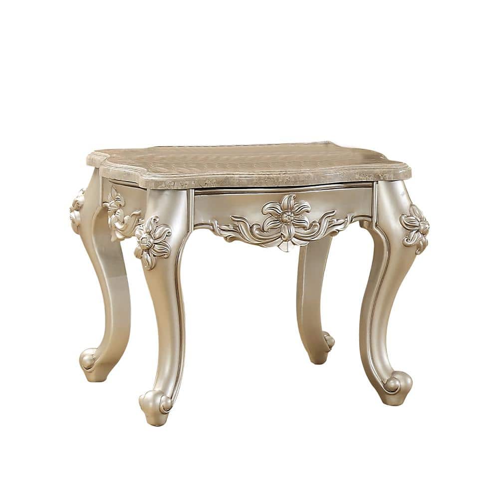Silver Marble Top End Table with Floral Motif and Wood Legs