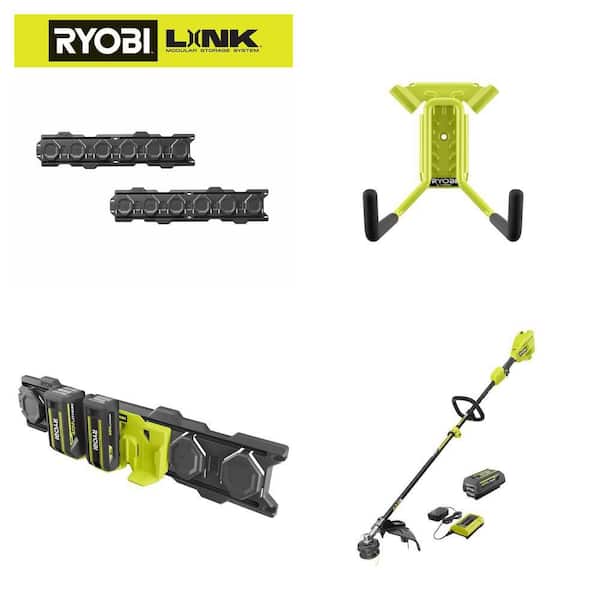 LINK Wall Rails (2-Pack), Large Power Tool Hook, 40V Battery Shelf and 40V 15 in. Cordless String Trimmer Combo