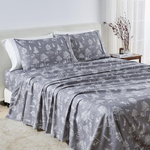 Grey Soft Lodge Printed 4-Piece Microfiber Bed Sheet Set