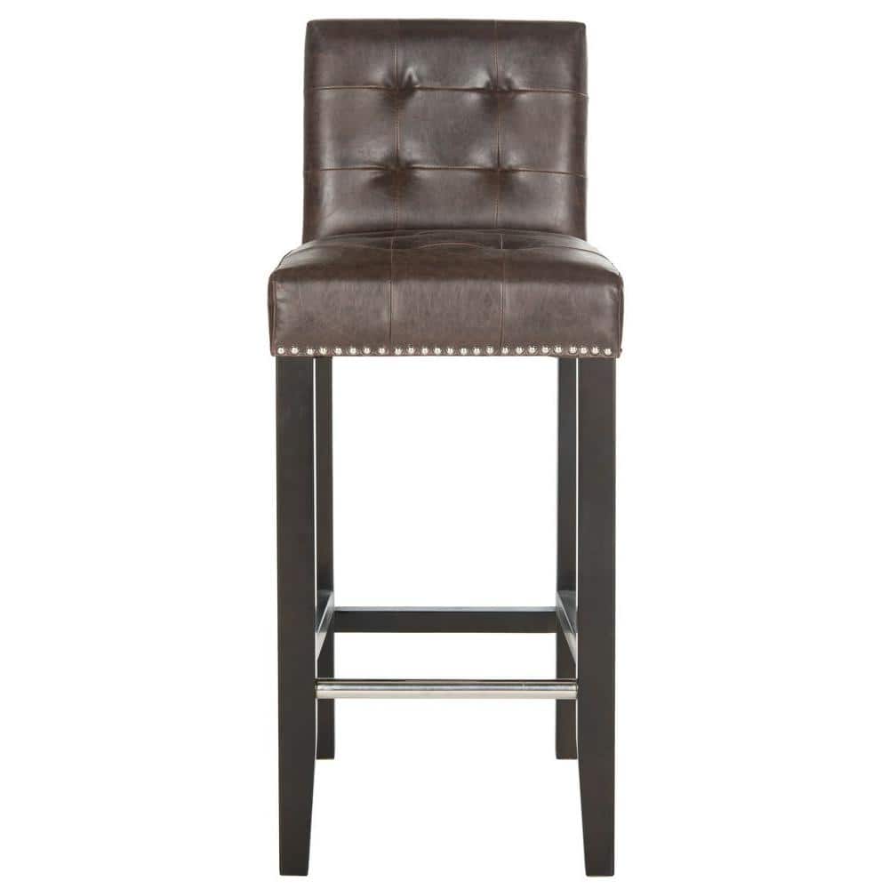 Espresso Birch Wood & Antique Brown Leather Bar Stool with Nailhead Trim