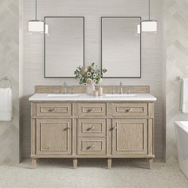 James Martin Vanities Lorelai 60.0 in. W x 23.5 in. D x 34.06 in. H Double Bathroom Vanity in Whitewashed Oak with White Zeus Quartz Top