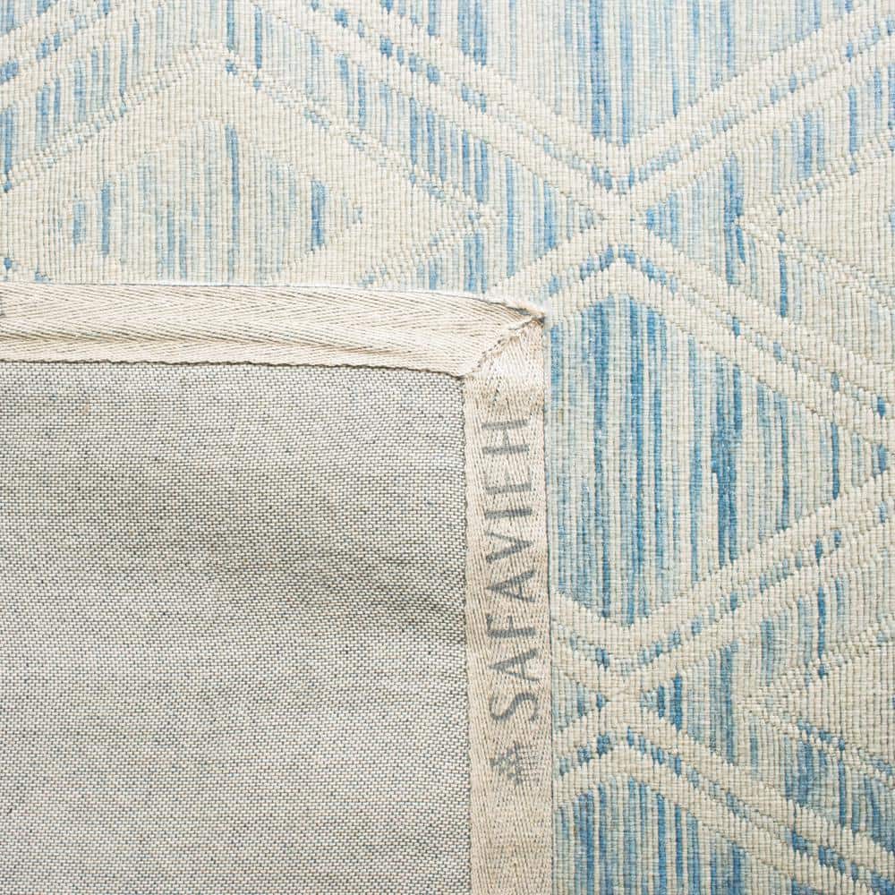 Ivory and Dark Blue Handmade Wool Geometric Rug, 2' 3" x 12'