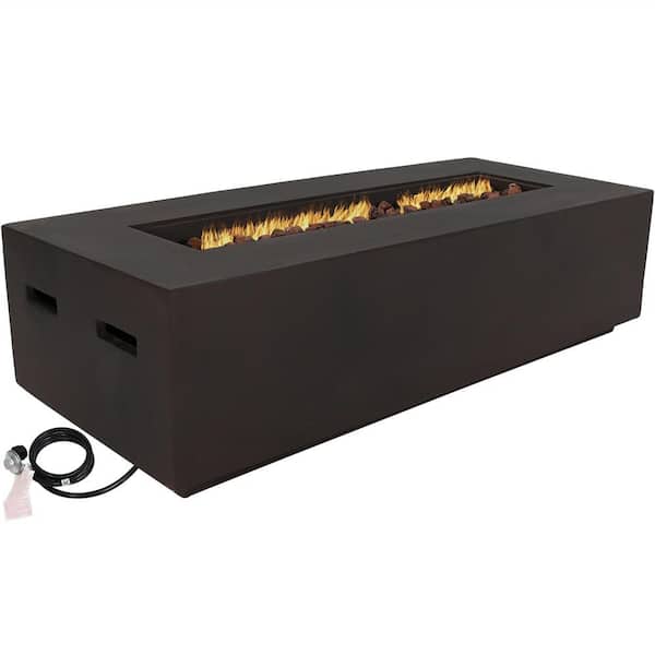 Sunnydaze 56 in. Rectangular Fiberglass Propane Gas Fire Pit Coffee Table with Lava Rocks in Brown