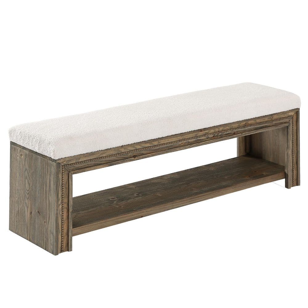55.1 in. Brown 2-Tier Solid Wood Entryway Bench End of Bed Bench Dining Bench with Cushion Seat & Storage Shelf