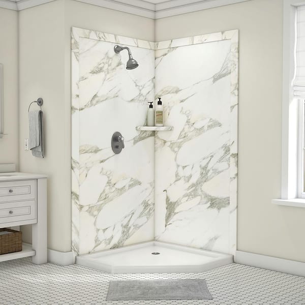 Splendor 40 in. x 40 in. x 80 in. 7-Piece Easy Up Adhesive Corner Shower Wall Surround in Calcutta Gold
