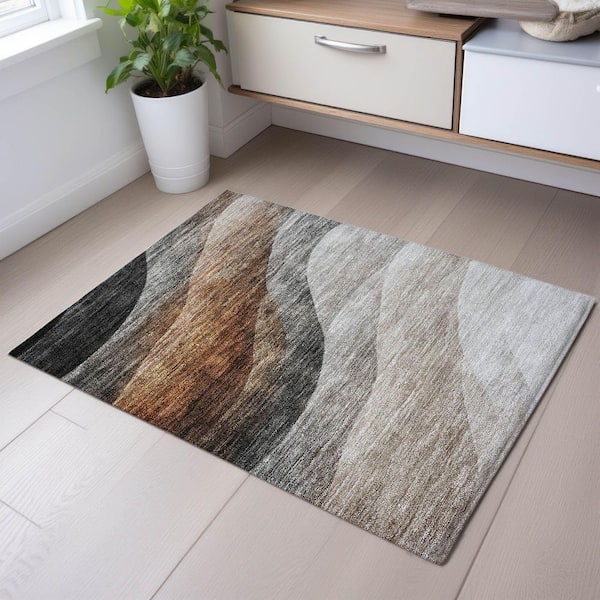 Mayfield Premium Machine Washable Abstract AMF1176 Khaki 2 ft. x 3 ft. Area Rug