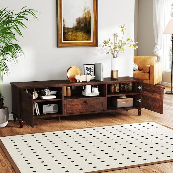 Mid-Century Dark Walnut TV Stand Fits Up to 70 in. TVs with 1 Drawer, 2 Doors and Solid Wood Legs