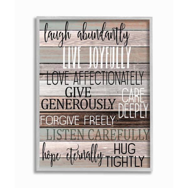 Stupell Industries Live Joyfully Phrases on Wood Grain Brown Tan Teal By Kim Allen Framed Print Country Texturized Art 16 in. x 20 in.