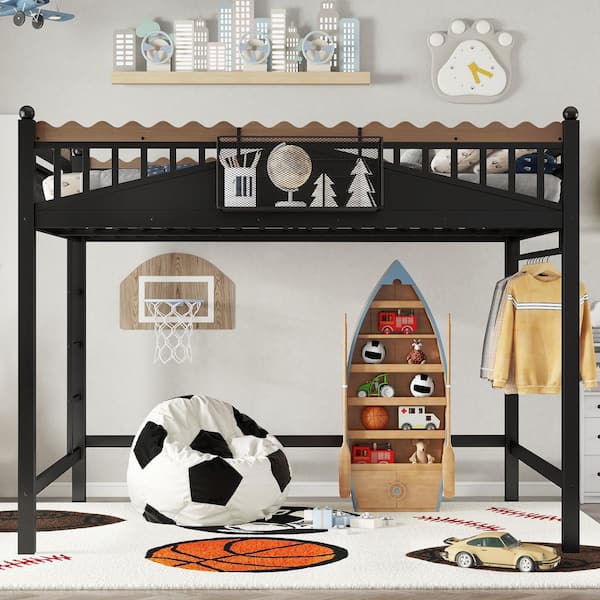 Black Queen Wood/Metal Loft Bed with Ladders,storage Shelves and Bookshelf