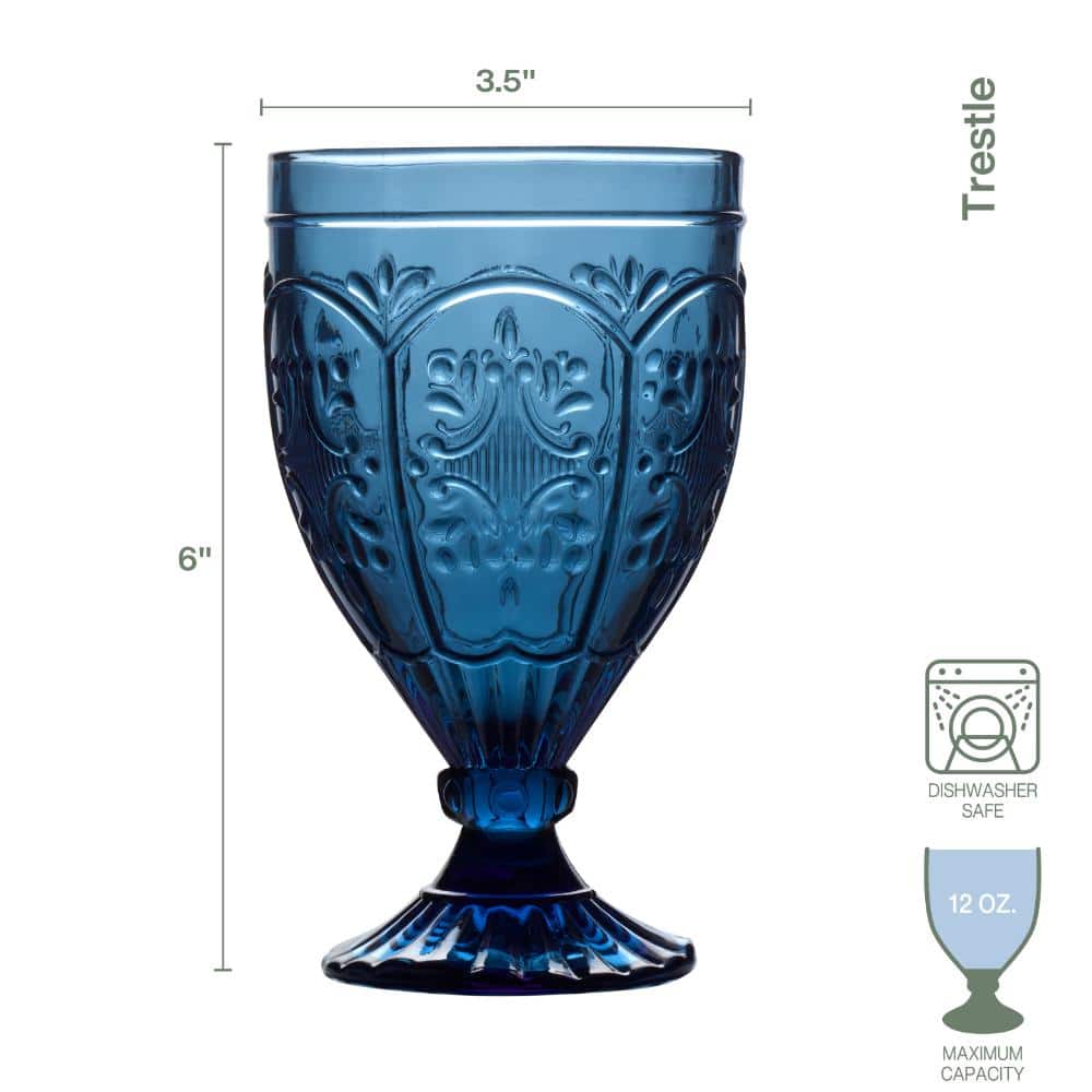 Royal Blue Embossed Glass Goblet Set of Four