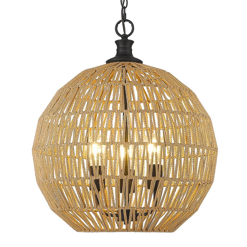 Matte Black Steel 3-Light Pendant with Natural Raphia Rope