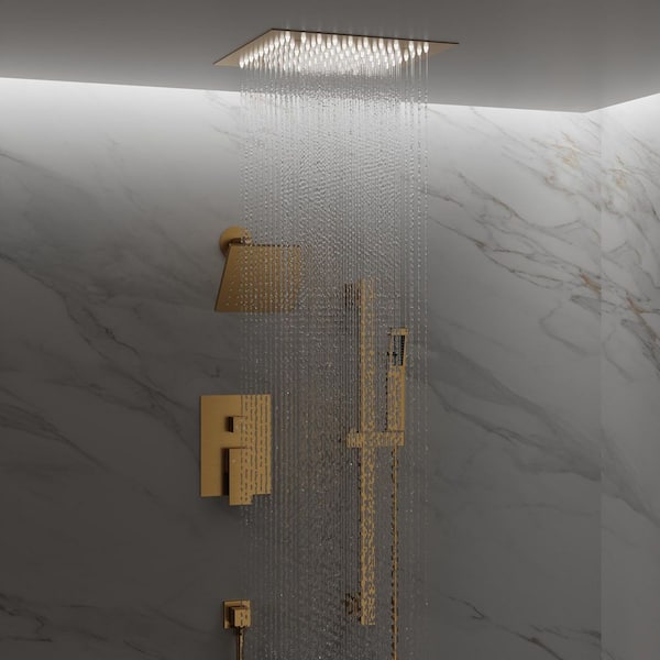LED 3-Spray 12 and 6 in. Ceiling Mount Dual and Handheld Shower with Slider Bar 1.8 GPM in Brushed Gold (Valve Included)