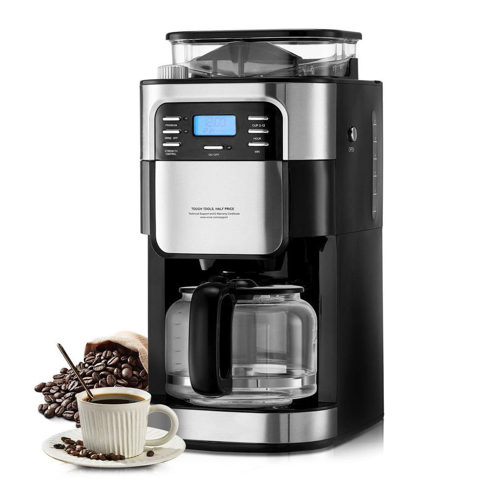 SKYSHALO Coffee Maker with Grinder, 96 oz. Black 12 Cup Burr
