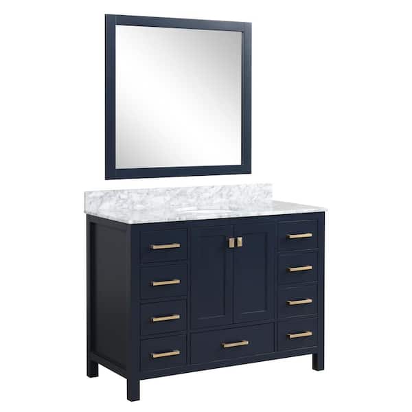 ANZZI Chateau 48 in. W x 22 in. D Bath Vanity Set in Navy Blue with Vanity Top in Carrara Marble Top and White Sink and Mirror