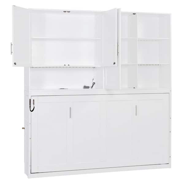 White Wood Frame Twin Size Murphy Bed with Top Cabinet, Shelves, Space Saving Foldable Bed with Light & USB