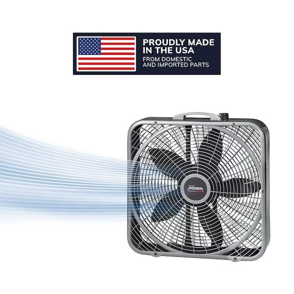 Power Plus 20 in. 3 Speed Box Fan for Home in Gray with Weather Shield Design for Window Use, 2000 CFM, Carry Handle