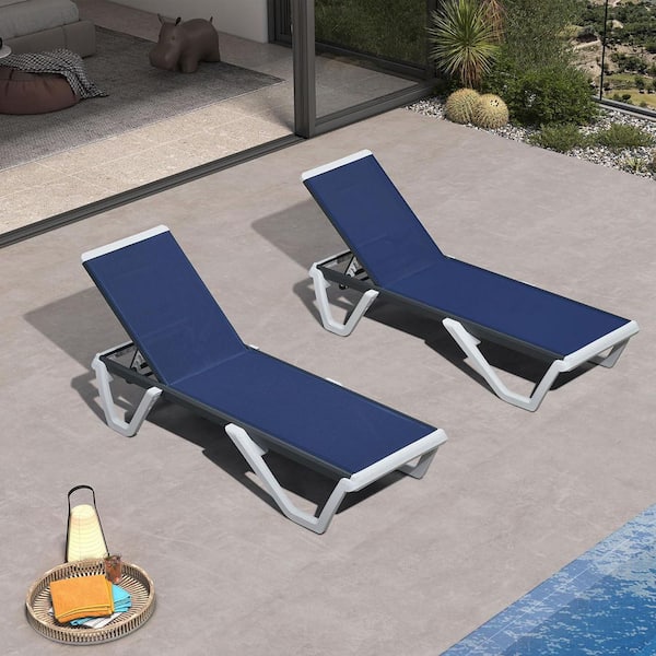 Outdoor Chaise Lounge Plastic Pool with Aluminum Frame Stackable Chairs for Poolside Beach Deck, Navy Blue(2 pack)