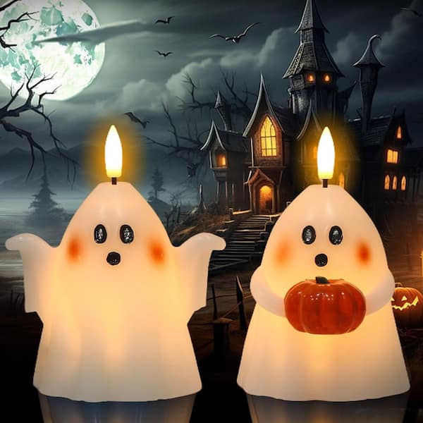 Halloween White Ghost Flickering Flameless Candles with Timer