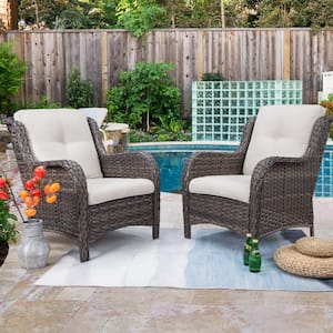Ergonomic Arm 2-Piece Patio Wicker Outdoor Lounge Chair with Thick Beige Cushions