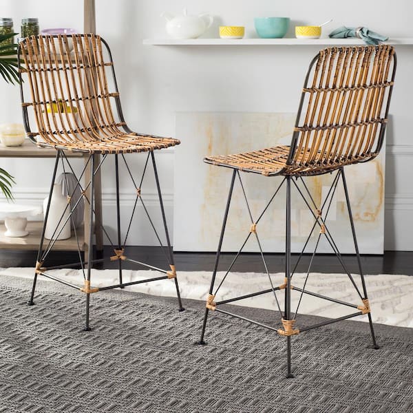 SAFAVIEH Minerva 23.6 in. Brown/Black Wicker Counter Stool (Set of 2)