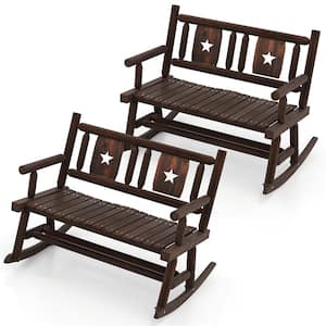 2-Pieces Brown Wood Outdoor Rocking Chair with Ergonomic Seat