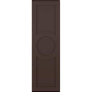 True Fit 12 in. x 45 in. PVC Center Circle Arts and Crafts Fixed Mount Flat Panel Shutters, Raisin Brown (Per Pair)
