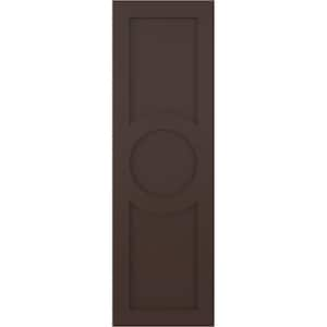 True Fit 12 in. x 74 in. PVC Center Circle Arts and Crafts Fixed Mount Flat Panel Shutters Pair in Raisin Brown