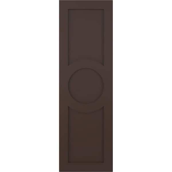 Ekena Millwork 15 in. x 53 in. True Fit Center Circle Arts and Crafts Fixed Mount Flat Panel PVC Shutters Pair in Raisin Brown