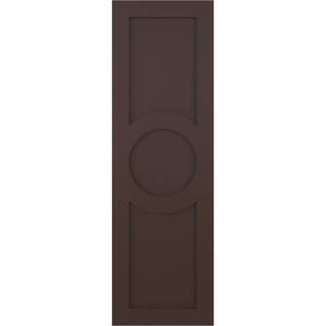 18 in. x 27 in. True Fit PVC Center Circle Arts and Crafts Fixed Mount Flat Panel Shutters Pair in Raisin Brown