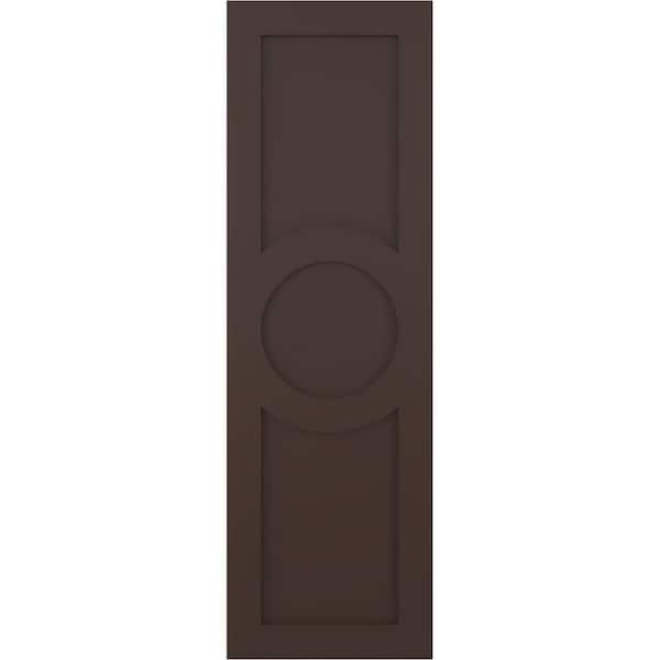 Ekena Millwork True Fit 18 in. x 74 in. PVC Center Circle Arts and Crafts Fixed Mount Flat Panel Shutters, Raisin Brown (Per Pair)
