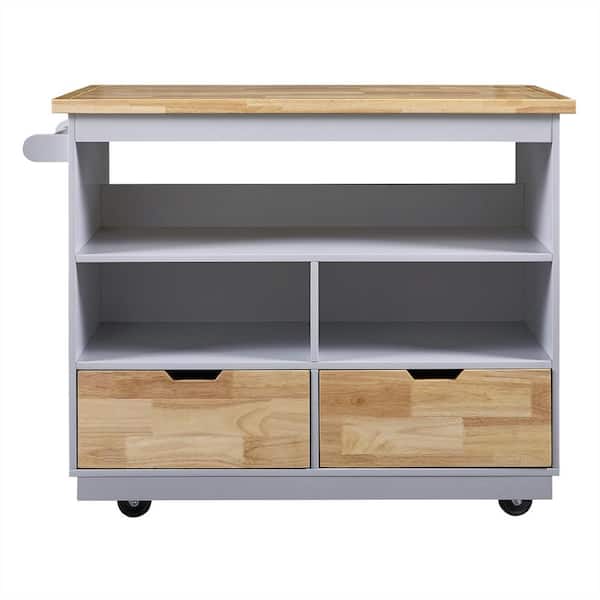 FUNKOL Grey Blue Solid Wood 46 in. W Kitchen Island with 2 Drawers and 3 Open Compartments and Wood Top, Rolling Type