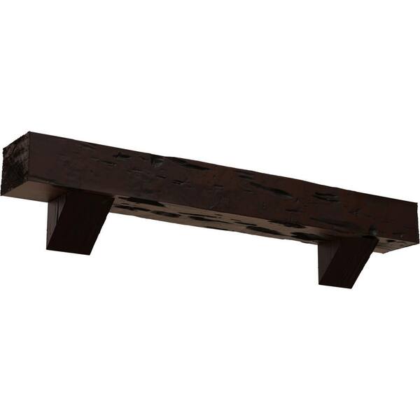 Ekena Millwork 6 in. x 10 in. x 4 ft. Pecky Cypress Faux Wood Fireplace Mantel Kit with Breckinridge Corbels, Premium Hickory