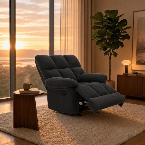 Modern Manual Rocker Recliner Chair with Nubby Upholstery Fabric for Living Room in Dark Grey