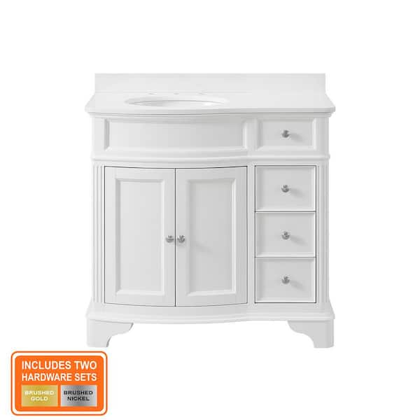 Terryn 37 in. Single Sink White Bath Vanity with Engineered White Marble Top (Assembled)