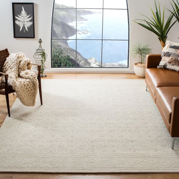 Micro-Loop 11 ft. x 15 ft. Ivory/Light Green Geometric Border Area Rug